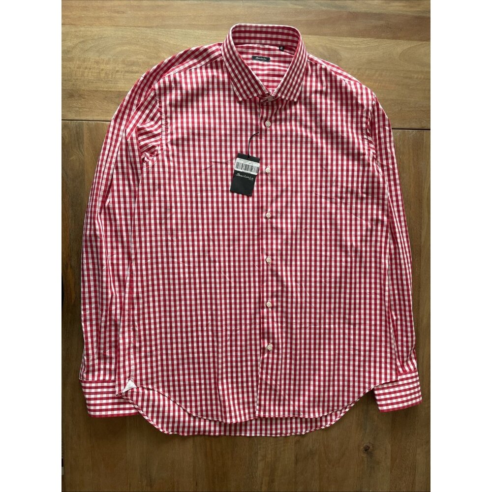 Sartorio Napoli Dress Shirt Mens 18 45 Gingham Plaid Red White Luxury Designer